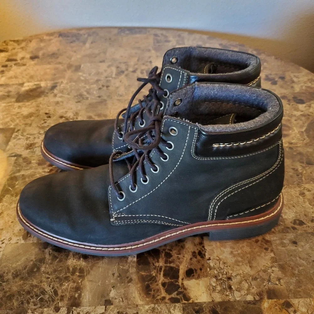 Cole Haan Black Leather Lace-Up Ankle Boots with Brown Trim